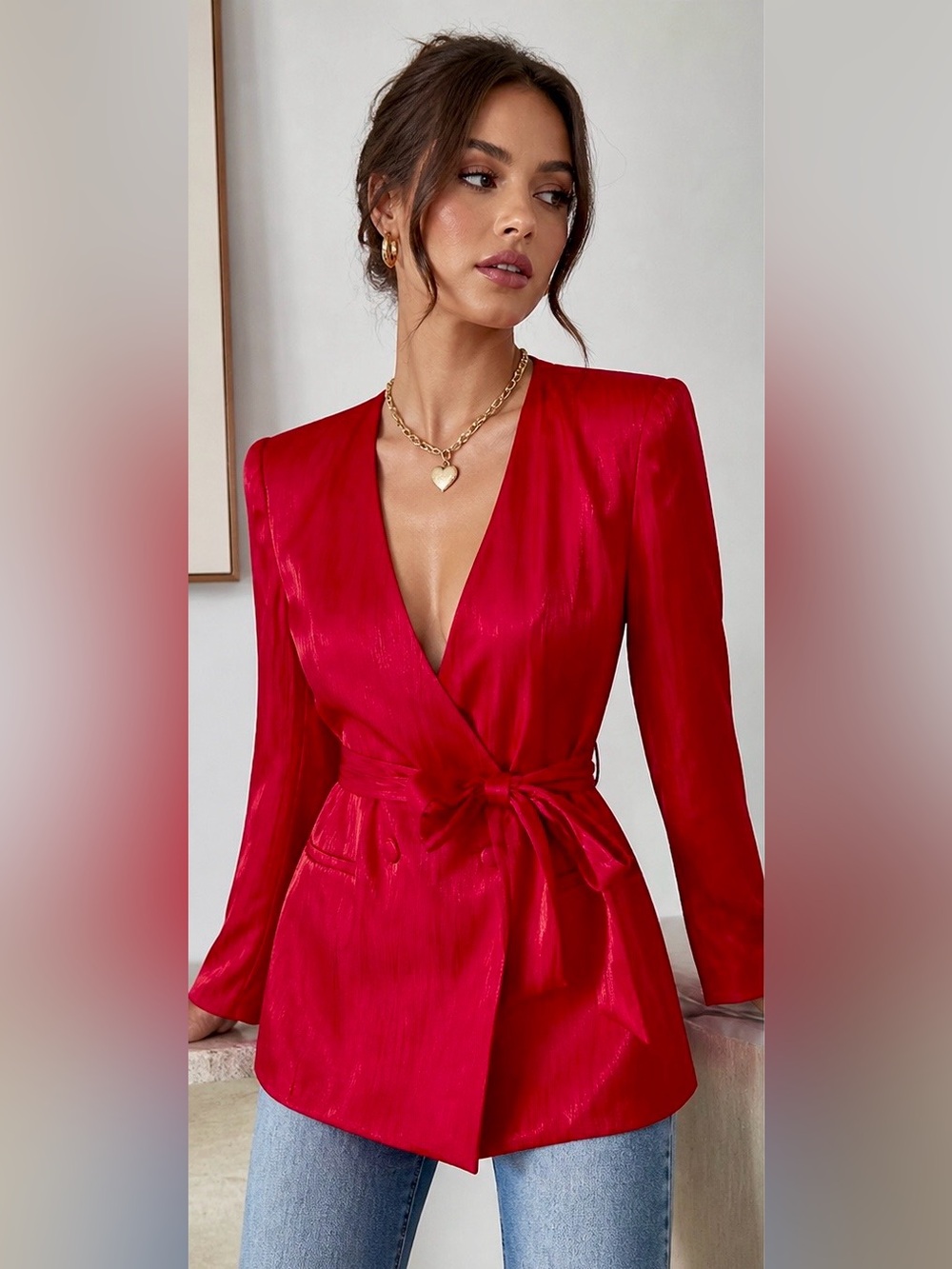 ZARA Red|Pink Satin Wrap Blazer Belted Jacket Size M Deep V Structured Shoulders